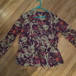 Purple tan magenta and orange floral print long sleeve semi sheer top size med